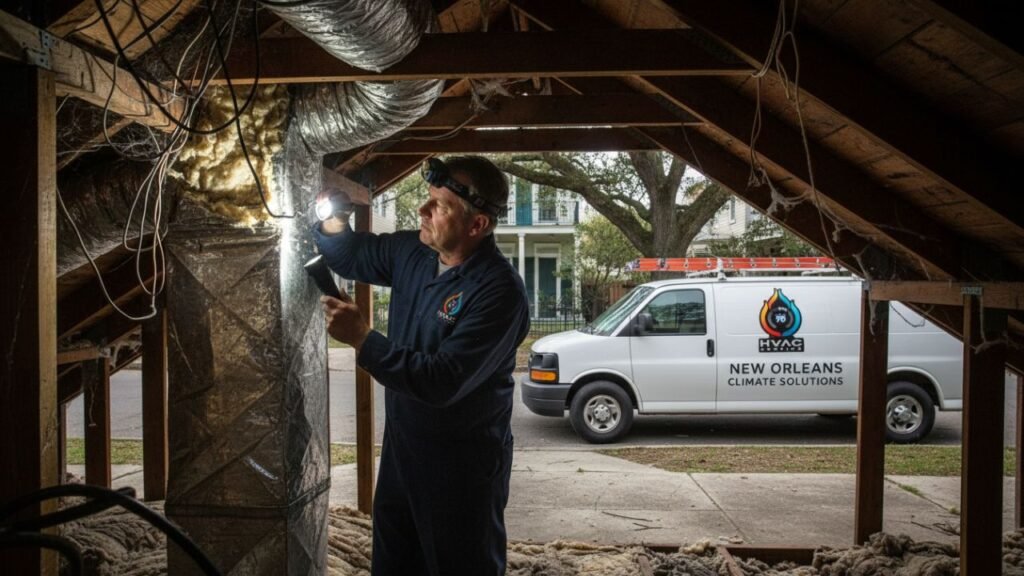 Technician inspecting ductwork in attic New Orleans