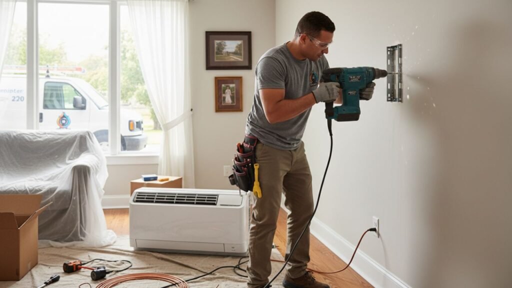 Technician installing mini split indoor unit New Orleans