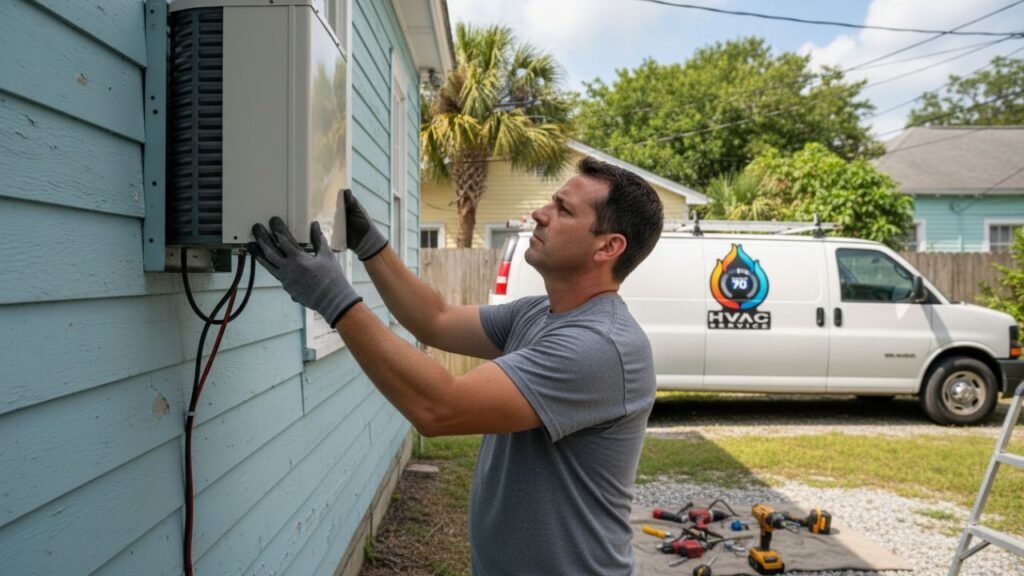Technician installing mini split outdoor unit New Orleans