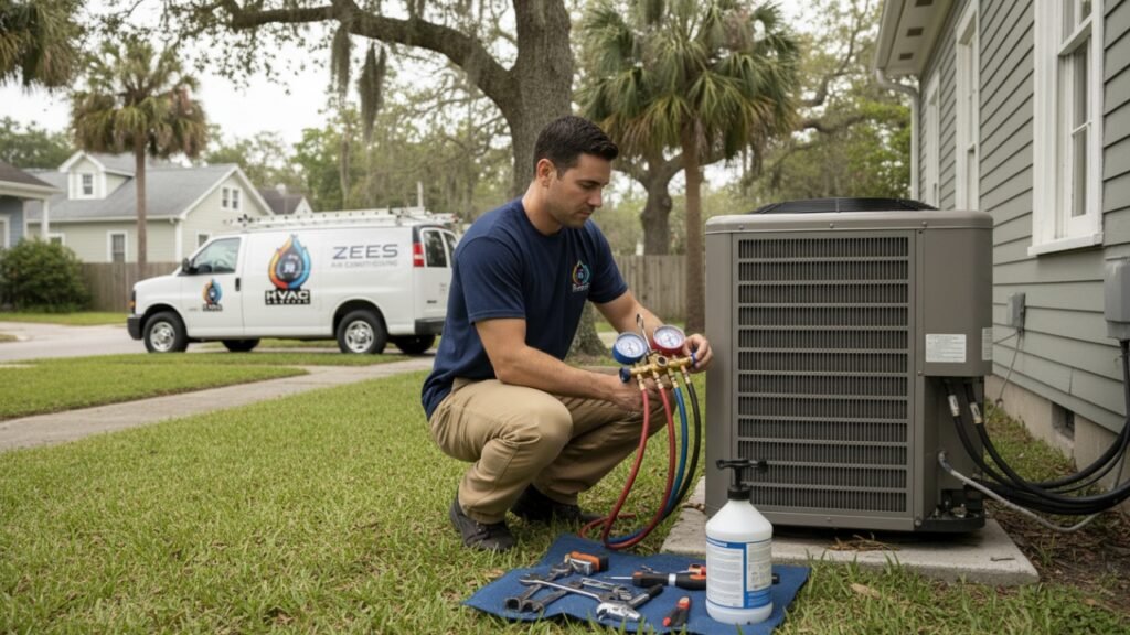 Technician performing AC maintenance New Orleans at an outdoor unit.