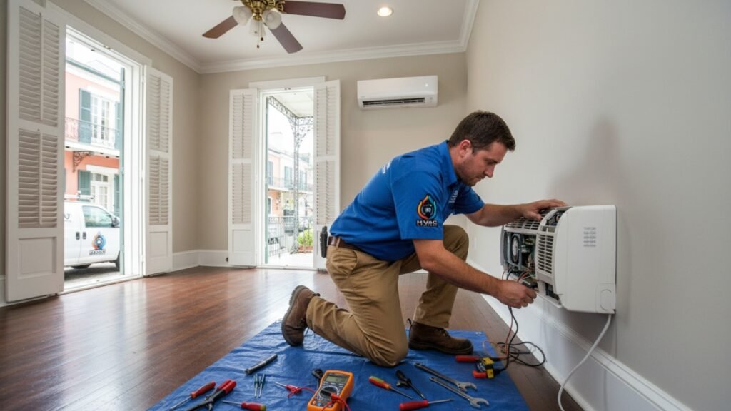 Technician performing AC repair in New Orleans home.