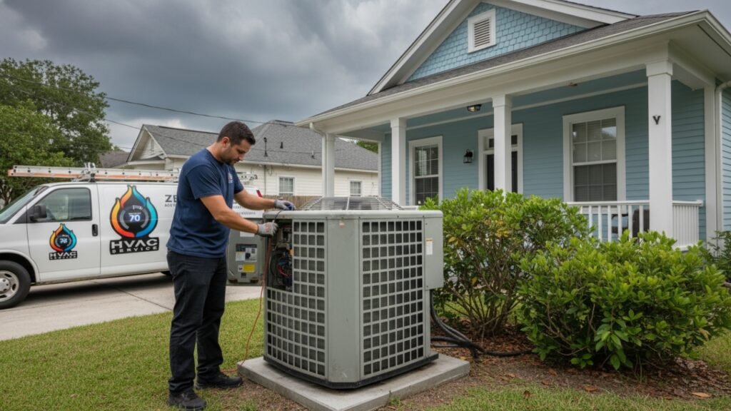Technician preparing an AC unit for hurricane season in New Orleans.