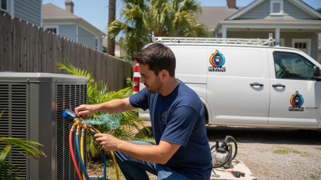 Technician recharging AC refrigerant New Orleans