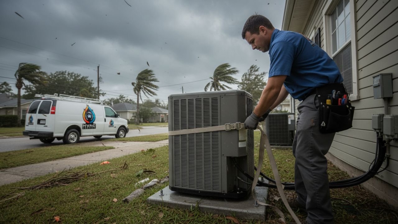 Technician securing AC unit for hurricane New Orleans