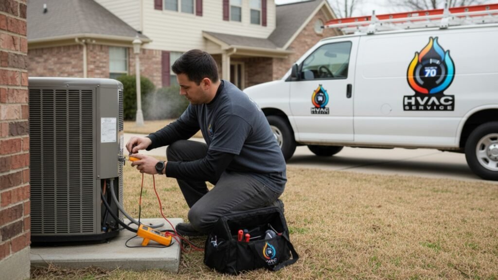 Technician servicing heat pump in Harvey LA