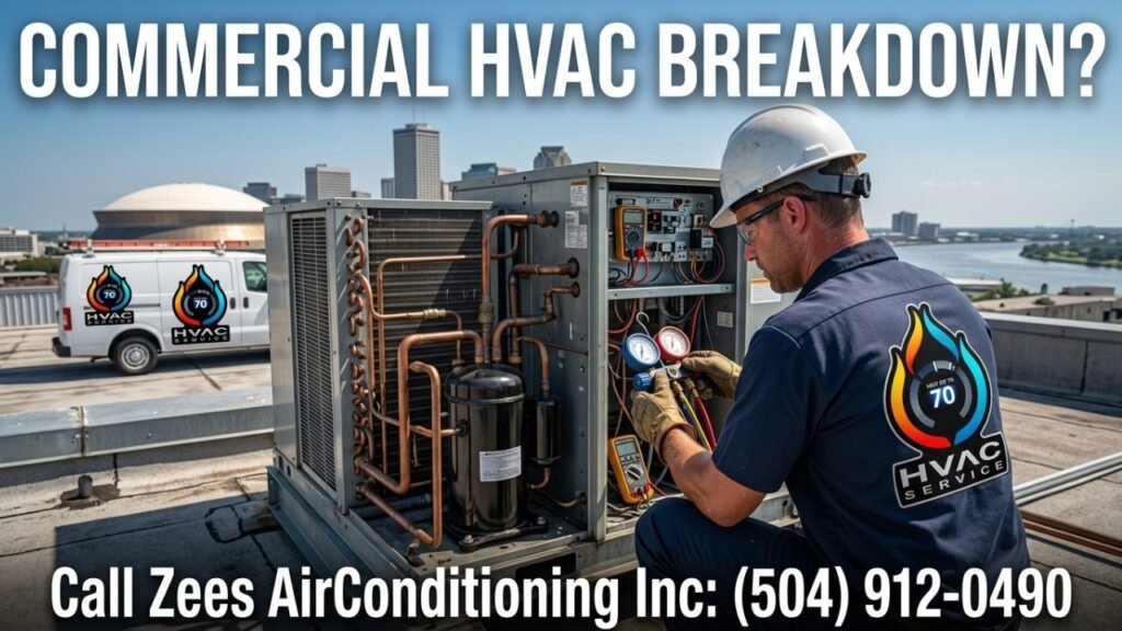 commercial HVAC technician actively repairing a large rooftop HVAC