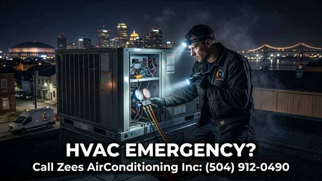 commercial HVAC technician performing emergency repair