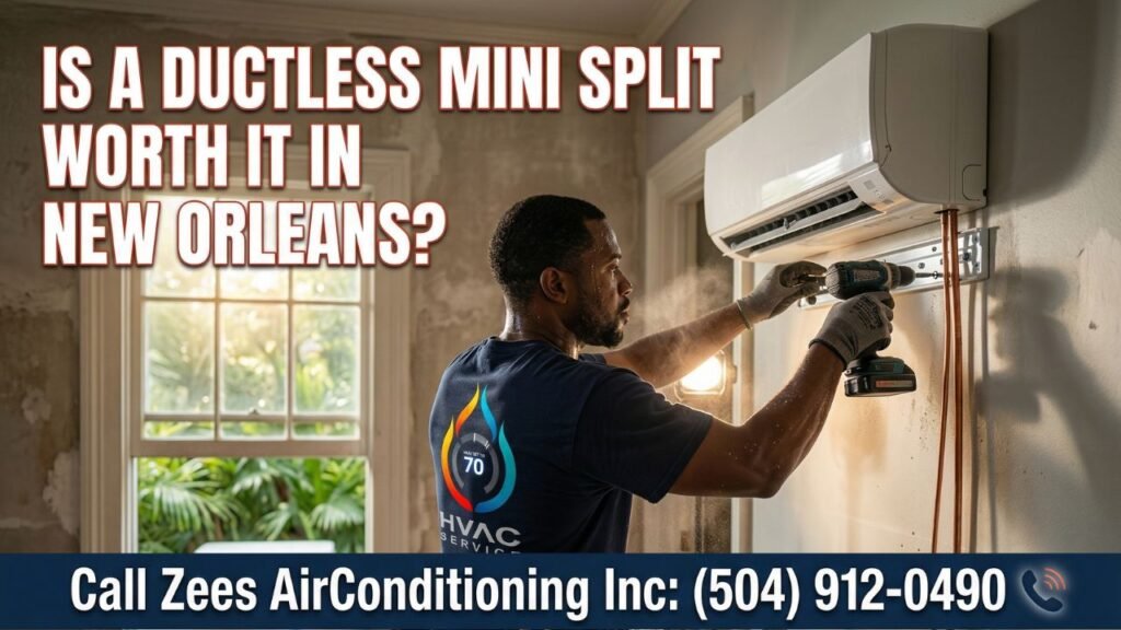 professional HVAC technician actively installing a ductless mini split system inside a New Orleans home