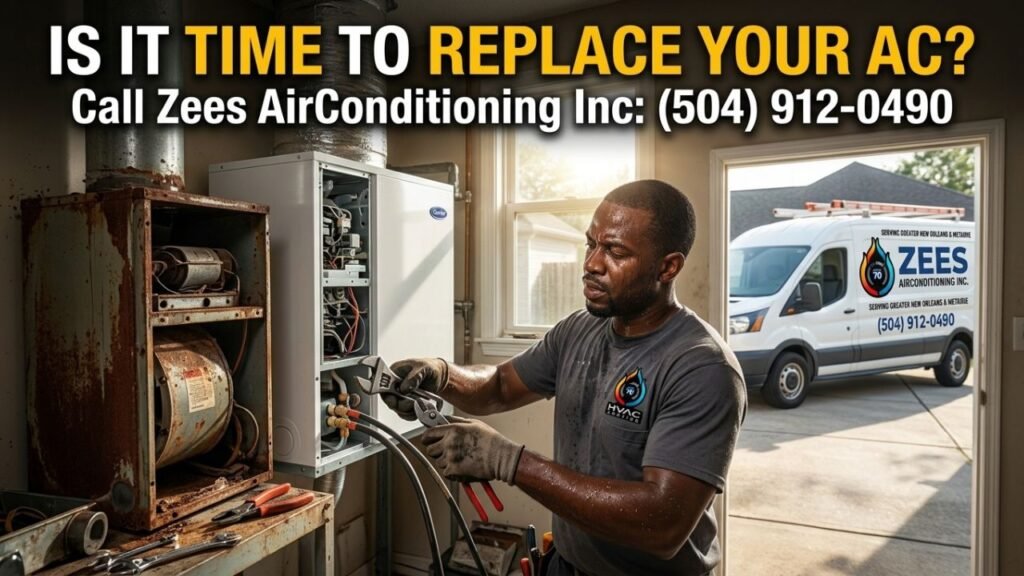 professional HVAC technician replacing an old air conditioning