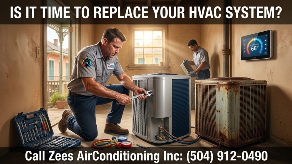 professional HVAC technician replacing an old air conditioning unit
