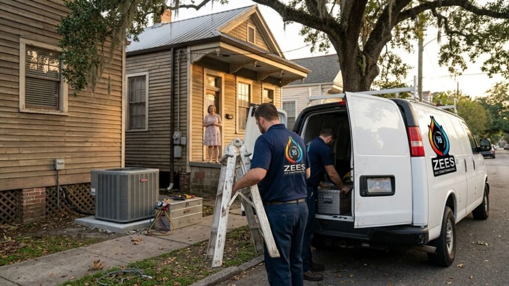 AC repair team finishing a job beside a New Orleans home.