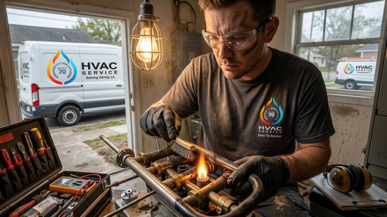 Cleaning burners during heating repair in Harvey.