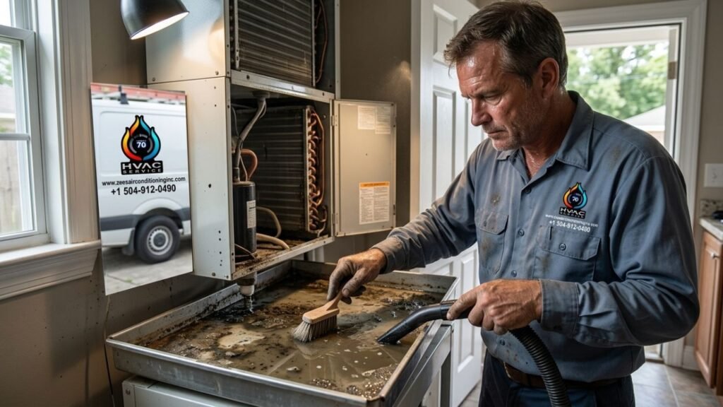 Cleaning drain pan to fix AC odor.