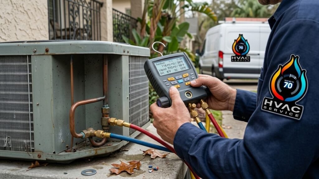 Close-up of AC repair tools connected to an outdoor condenser unit.