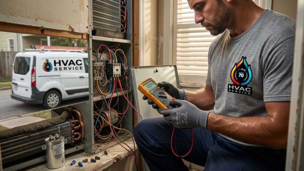 HVAC technician performing AC repair on indoor unit
