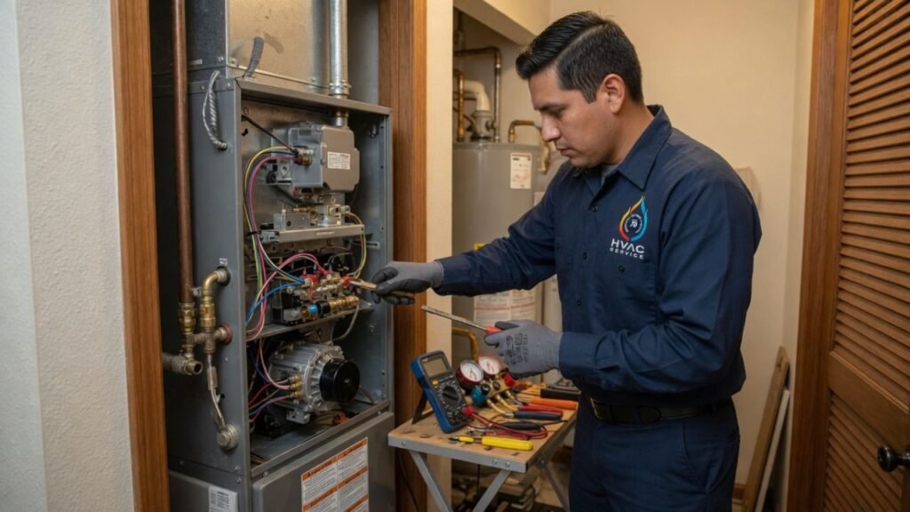 HVAC technician repairing furnace during heating service in Gretna LA