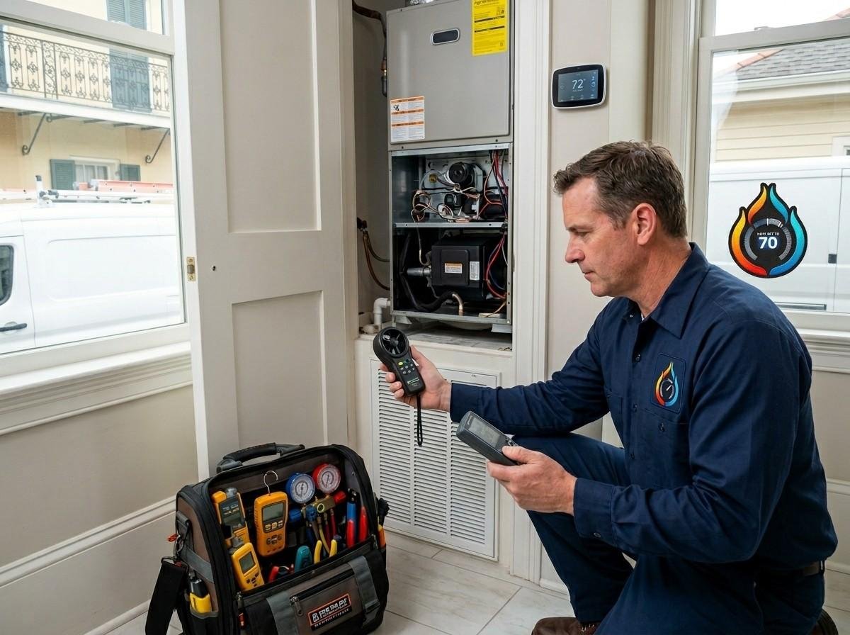 HVAC technician performing energy efficient AC maintenance in New Orleans