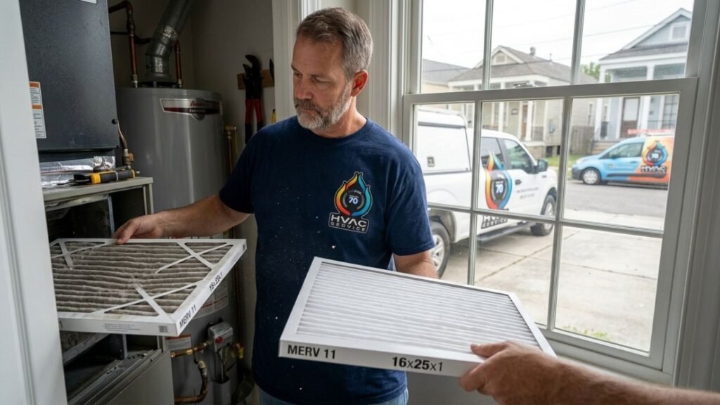 Homeowner replacing dirty AC air filter