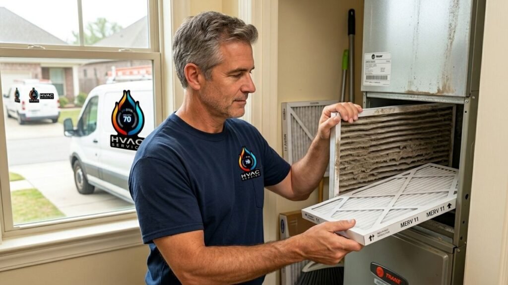 Homeowner replacing dirty AC air filter during maintenance