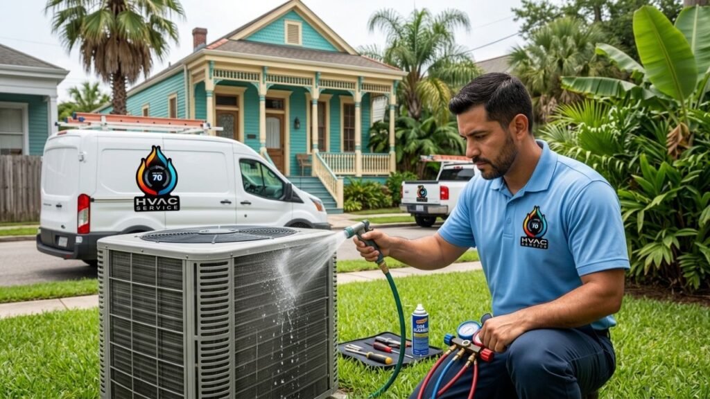 Professional HVAC technician cleaning outdoor AC condenser unit in New Orleans