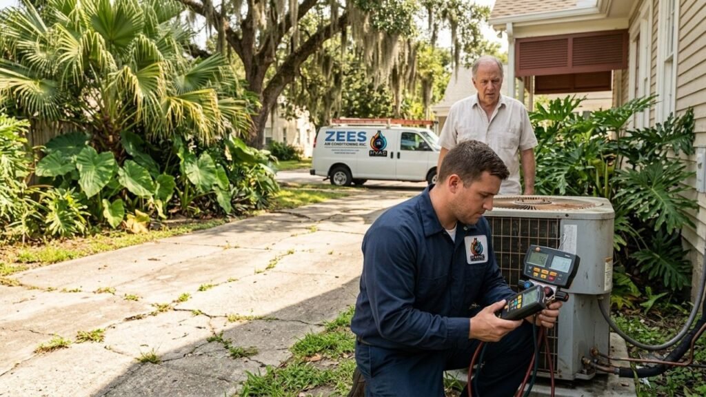 Technician inspecting a residential AC condenser in New Orleans.