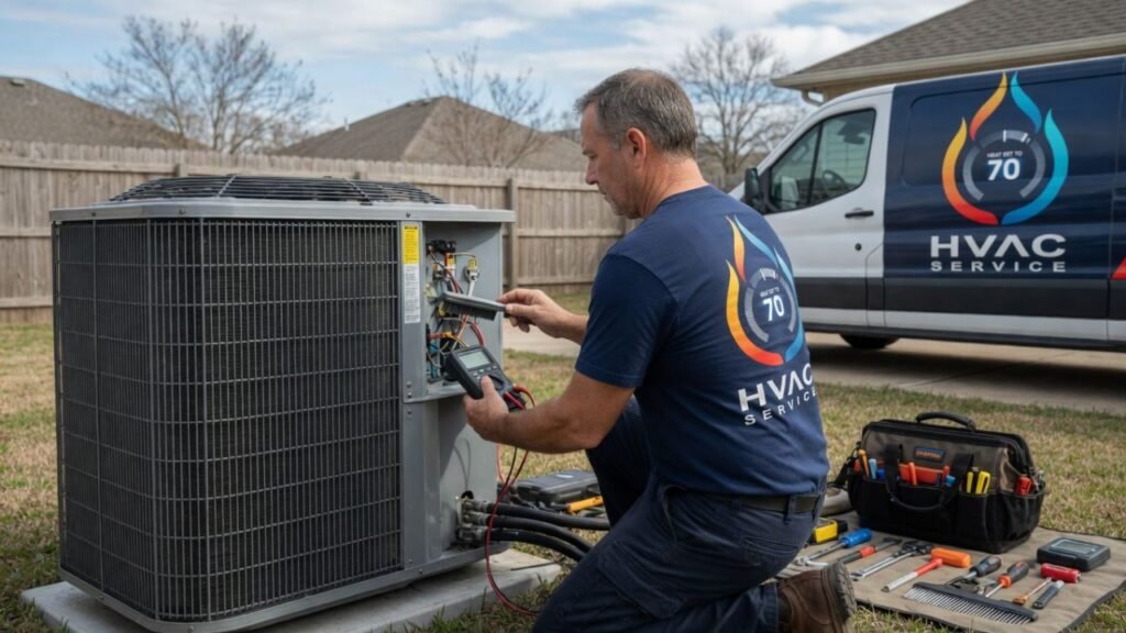 Technician performing heat pump repair in Gretna LA