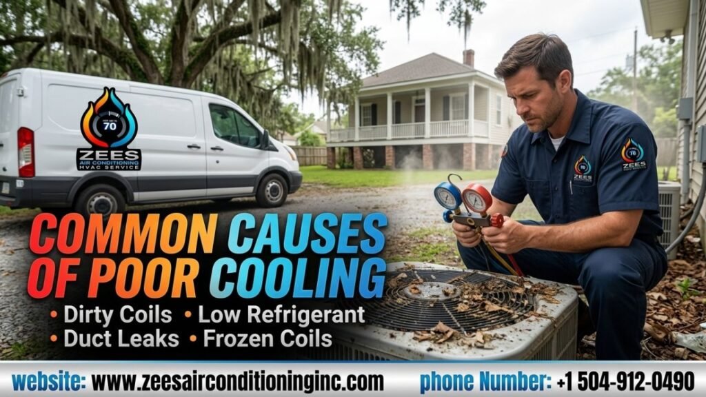 Zees AirConditioning Inc expert fixing AC running but not cooling in New Orleans home