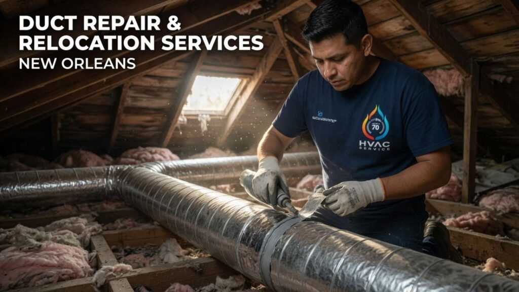 Zees AirConditioning Inc technician performing duct repair and relocation