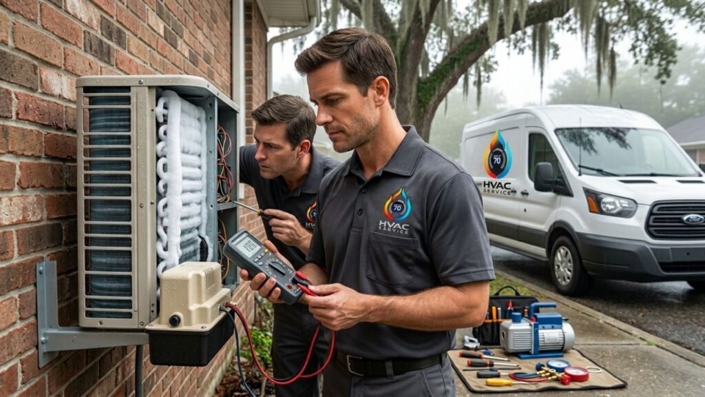 Zees techs repairing leaking AC pump in Gretna.