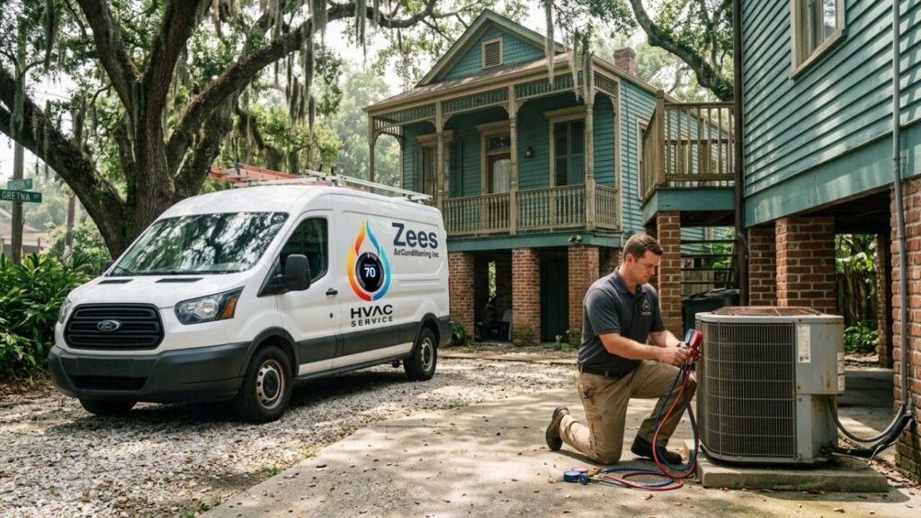 image of a New Orleans home exterior in summer ac repairing