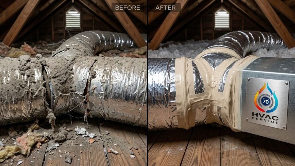 Before and after professional ductwork cleaning and sealing in New Orleans
