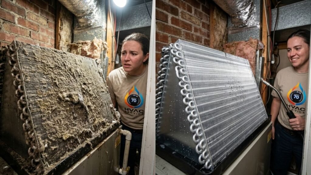 Clean vs dirty AC coils showing benefits of regular HVAC maintenance