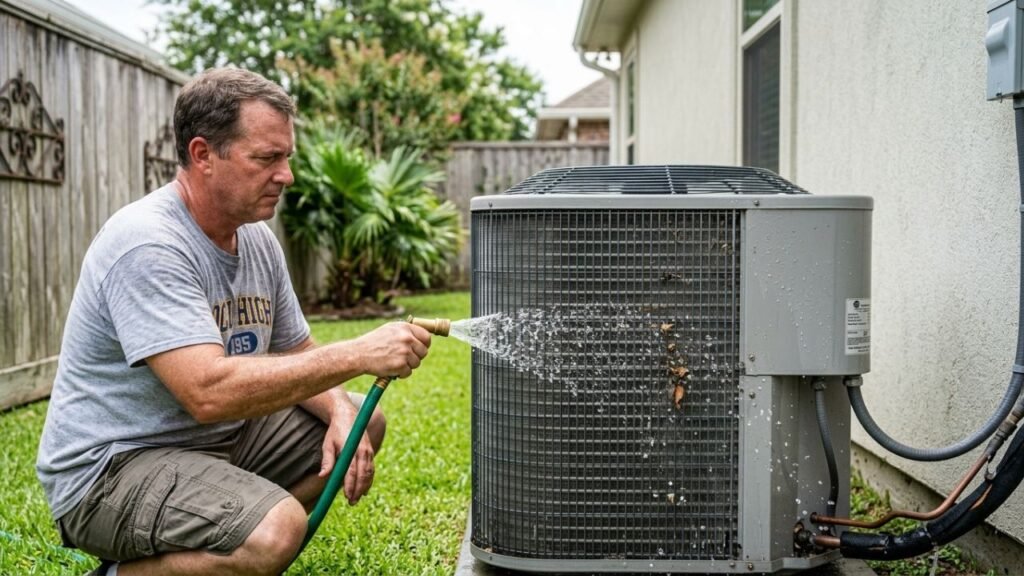 Cleaning outdoor AC condenser unit between professional services