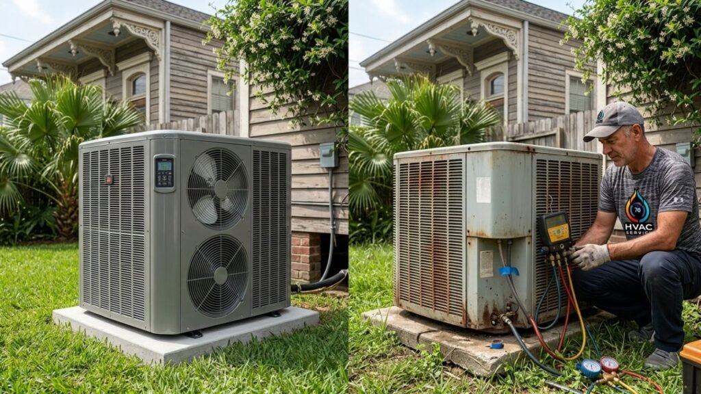 Energy-efficient HVAC vs standard HVAC comparison in New Orleans backyard