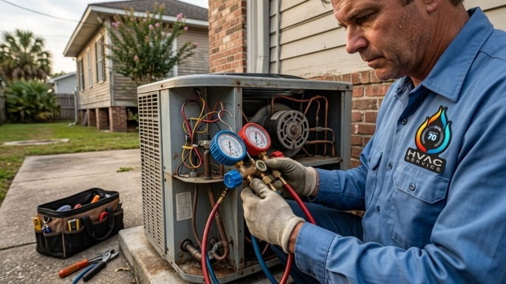 HVAC Technician Checking AC Problems In Gretna Home