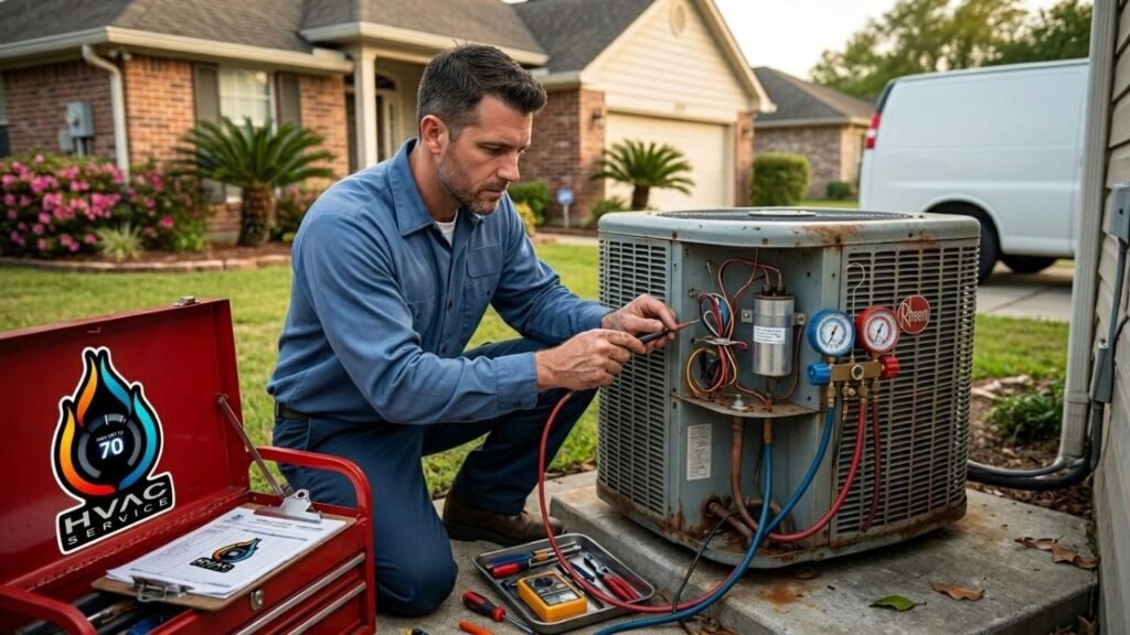 HVAC Technician Fixing AC Problems In Gretna Home