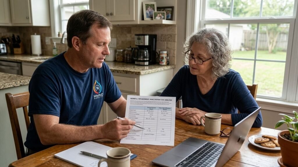 HVAC technician comparing heating repair vs replacement options in Gretna home