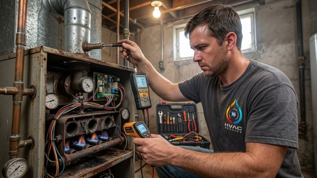 HVAC technician conducting diagnostic testing for heating repair decision