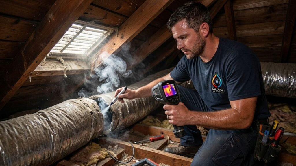 HVAC technician detecting ductwork leaks in New Orleans attic