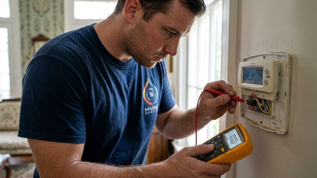HVAC technician diagnosing faulty thermostat causing heating problems
