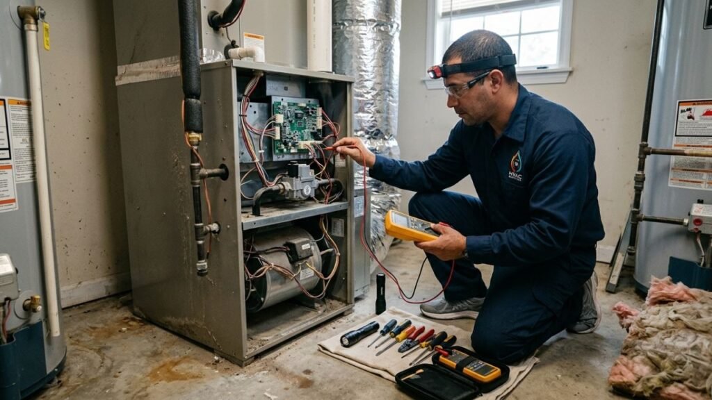 HVAC technician diagnosing sudden heating system failure in Gretna home