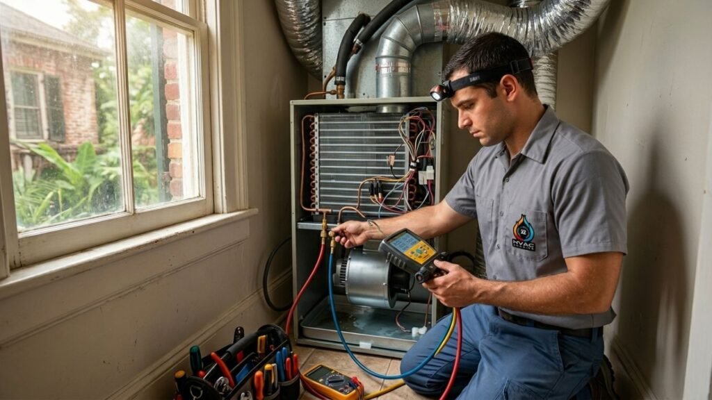 HVAC technician diagnosing uneven cooling issue in New Orleans