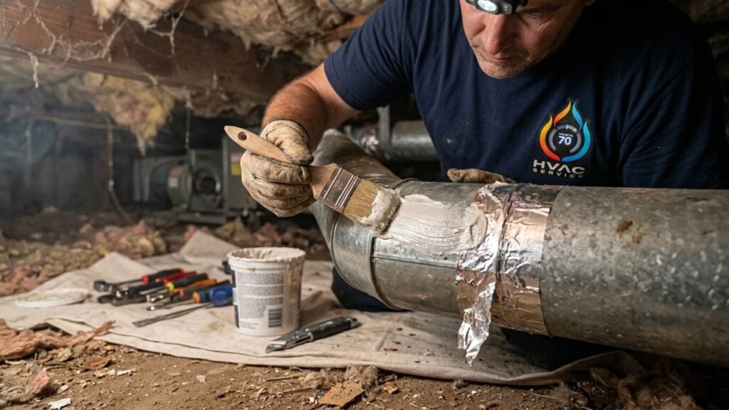 HVAC technician discovering leaky ductwork in New Orleans attic