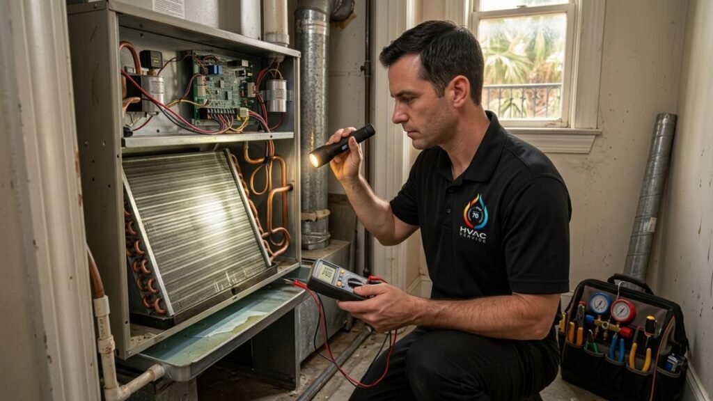 HVAC technician during a standard service visit in New Orleans home