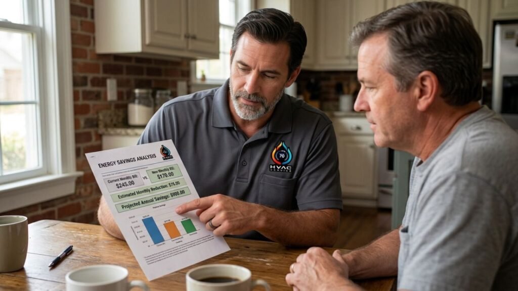 HVAC technician explaining energy-efficient system savings in Gretna home