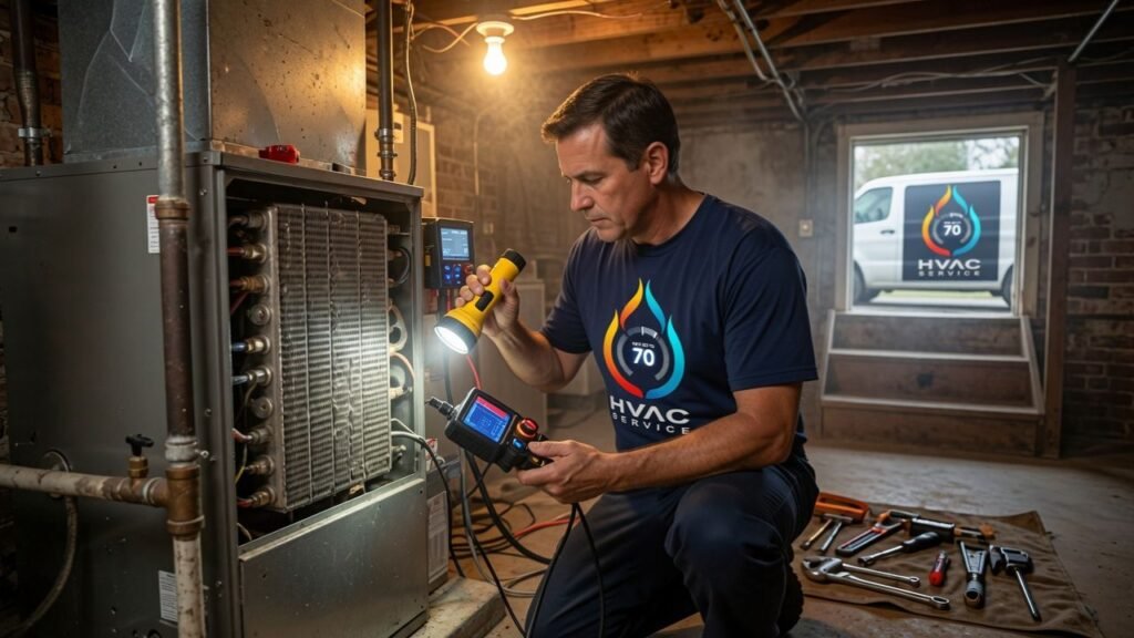 HVAC technician inspecting furnace to prevent costly heating repairs