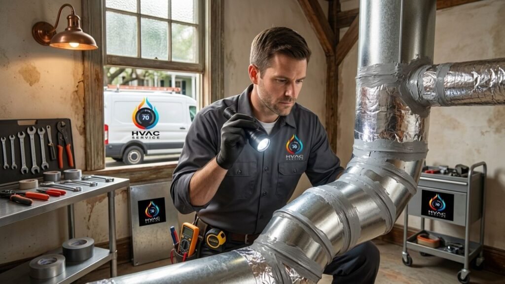 HVAC technician inspecting sealed ductwork during maintenance in New Orleans