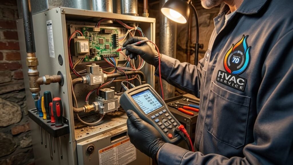 HVAC technician performing annual heating system maintenance in New Orleans