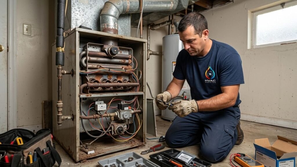 HVAC technician performing heating repair on older system in Gretna home