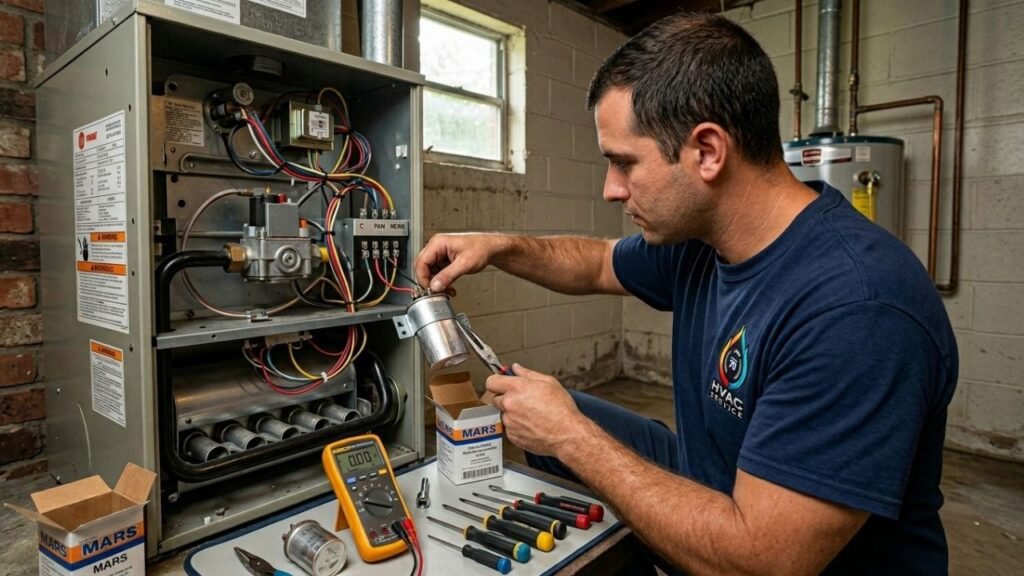 HVAC technician performing heating repair on residential furnace